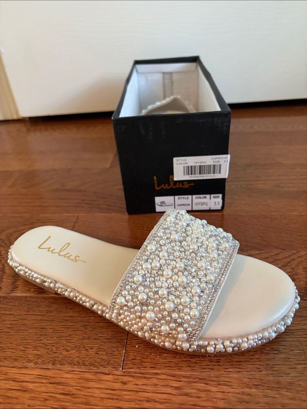 Lulu's Ivory Pearl & Bead Embellished Slide Sandals